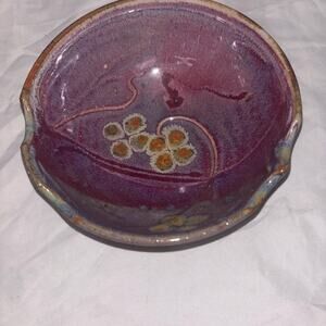 Vintage Handpainted art pottery ashtray purple floral signed HP